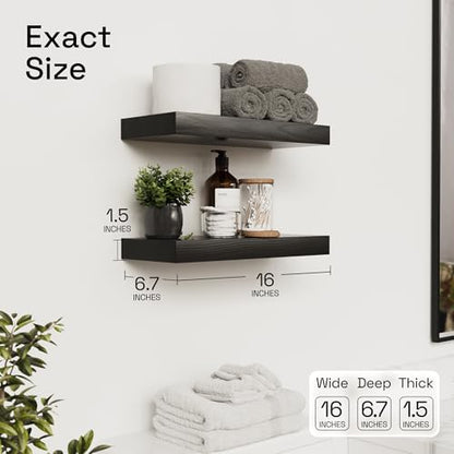 Solid Wood Floating Shelves For Wall 16 inch Black, Bathroom Wooden Shelf - color: Black, size: 16 Inch