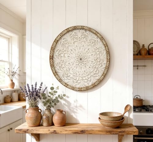 TwinLakes 24.8’’ Wooden Carved Mandala Wall Sculptures, Round Cutout Floral Wall Panel, Bohemian Wall Art for Living Room, Bedroom, Kitchen, Entryway