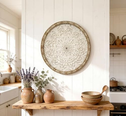 TwinLakes 24.8’’ Wooden Carved Mandala Wall Sculptures, Round Cutout Floral Wall Panel, Bohemian Wall Art for Living Room, Bedroom, Kitchen, Entryway