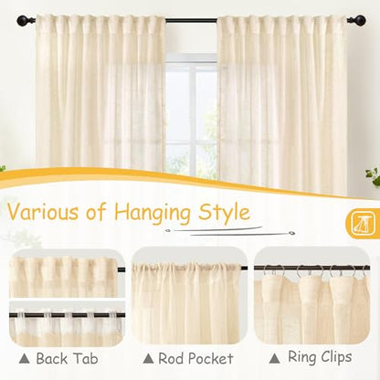 YoungsTex 리넨 시어 주방 창문 커튼 101.6cm 길이 소형 드레이프 - color: 크림 베이지., size: 34"W x 40"L (Pack of 2)
