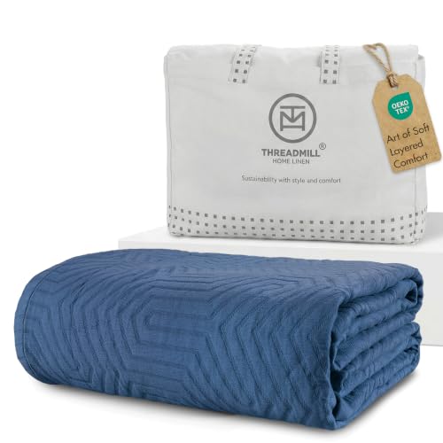 Threadmill Luxury Cotton Blankets for King Size Bed | All-Season Cozy 100% Cotton King Size Blanket | Aster Soft & Lightweight Coverlet fits California King Size Bed, 104x92 | Folkstone Blue - color: Aster Folkstone Blue, size: King / Cal King