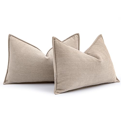 MIULEE Pack of 2 Beige Decorative Lumbar Chenille Pillow Covers 12x20 Inch - color: Beige, size: 20" x 12" (Pack of 2)