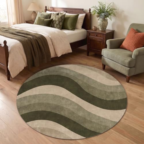 4Ft Olive Green and Beige Abstract Wave Area Rug for Living Room - color: Olive Green/Beige, size: 4' (Round)