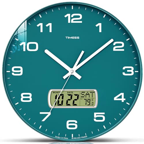 TIMESS Wall Clock, 10" Dial Non-Ticking Silent Battery Operated Analog with LCD Display for Perpetual Calendar and F° Temperature, Ideal Modern Home, Office Decor (Green) - color: Green, size: 10 Inch