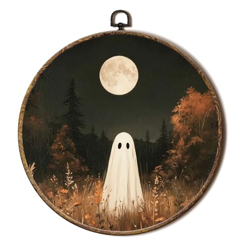 FSTCSV Moody Spooky Ghost Round Wall Art Framed, Halloween Full Moon Ghost Canvas Prints Wall Hanging Art, Dark Academia Fall Halloween Cottagecore Circle Walls Decor for Home Bedroom, 10x10in - color: color-12