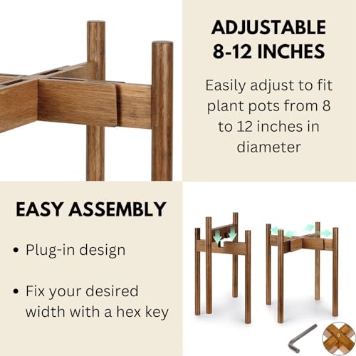 Fox & Fern Large Adjustable Plant Stand Indoor, Bamboo Stand, 8 - 12 Inch - color: Polished Bamboo - Mid, size: 8 - 12 Inch