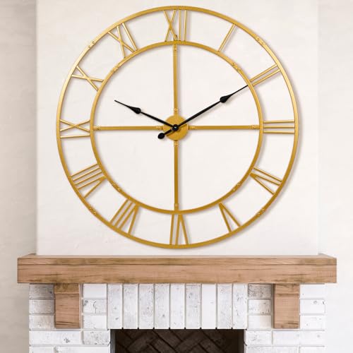 40 Inch Large Silent Wall Clock, Easy Assembly Roman Numeral Gold - color: Gold Metal Wall Clock, size: 40inch