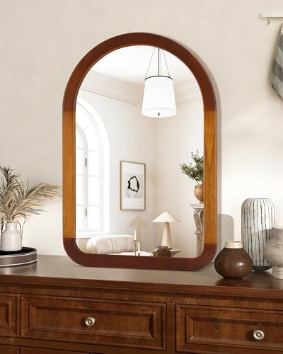 Arched Wood 24 x 36 Inch Bathroom Mirror for Wall with Walnut Frame - size: 36"L x 24"W