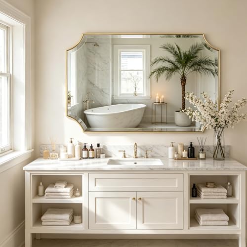 POZINO 40"x24" Premium Brushed Gold Rectangle Beveled Mirror for Bathroom - color: Brushed Gold Scalloped, size: 40"L x 24"W