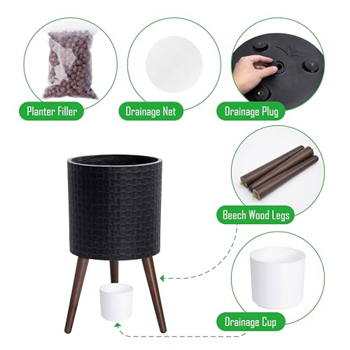 D'vine Dev Planter Pot with Wood Stand, 12 in, Distressed Black, 88-Z-C-5 - color: Distressed Black, size: Large