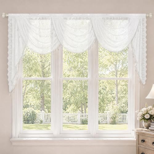 Molaxhome White Lace Window Valance Curtains Swag Victorian Gothic Style - color: White, size: 98.4"W x 41.3"L (Pack of 1)