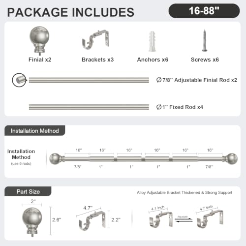 Brushed Nickel Curtain Rods 16-88 Inch Heavy Duty 1 Inch Diameter - color: Nickel, size: 16"-88"|1 Pack