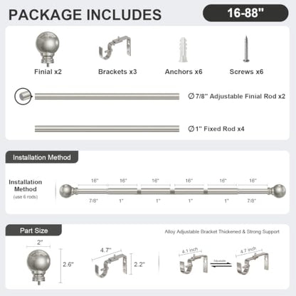 Brushed Nickel Curtain Rods 16-88 Inch Heavy Duty 1 Inch Diameter - color: Nickel, size: 16"-88"|1 Pack