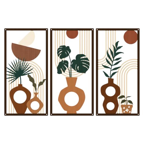 3 Pcs Boho Metal Wall Art, Mid Century Abstract Plant Vase Wall Decor - color: Earthy Tone