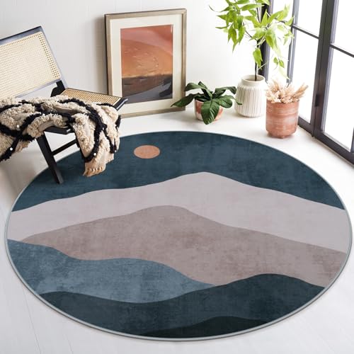 5ft Round Classroom Area Rug, Blue Abstract Mountain Sun Circle Rugs - color: Blue, size: 5' (Round)