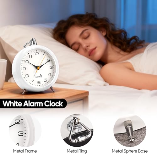FLOITTUY 4.5" Battery Operated Antique Retro Analog Metal Alarm Clock, Silent Bedside Desk Clock, Wall-Hanging Vintage Clock(White) - color: White