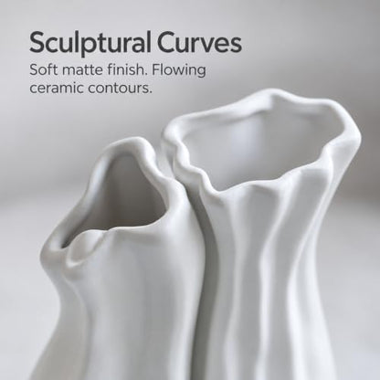 White Tall Ceramic Vase Set of 2, Sculptural Mountain Decor, Matte Finish - color: Cool White