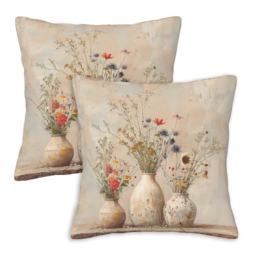 Firmiso Cream Beige Wildflower Vase Throw Pillow Covers 18x18 Set of 2, Cottage Floral Decorative Cushion Covers, Vintage Botanical Flower Pillow Cases for Couch Sofa Bedroom Living Room Home Decor - color: Floral Vase