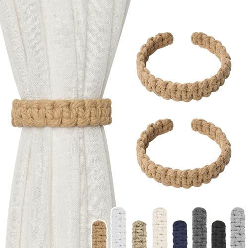 NICEEC 2 Pack Natural Cotton Rope Curtain Tiebacks Farmhouse Rustic Style Decorative Drape Tie Backs Handmade Braided Curtain Holdbacks for Home & Office Sheer/Light Weight Drapery (C-Dark Beige-S) - color: Dark Beige-small, size: 2 Pack