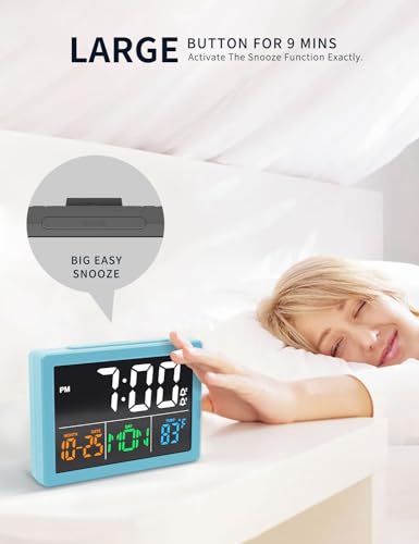 JALL Digital Clock with Date Day for Seniors, Electric Alarm Clocks for Bedrooms with Temperature, 2 Alarms, Dimmer, Dual USB Charger, Battery Backup, Volume Control, Snooze, Bedside Desk Clock, Blue - color: Blue