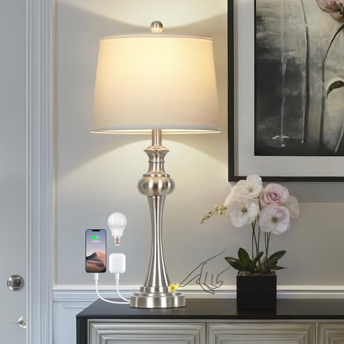 28.75" Silver Table Lamps for Living Room,Touch Lamps for Bedrooms Bedside Lamp 3-Way Dimmable Touch Control, Modern Silver Nightstand Lamp Fabric Shade Mid Century Accent Style（Bulb Inclued） - color: 1Pack-Silver