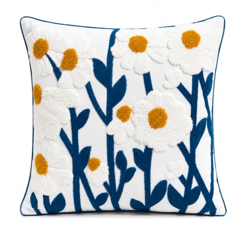Selection Ivory White Woven Embroidered Throw Pillow, 18x18 Inch Decorative Pillow with Insert Included, Modern Blue Floral Embroidery, Hidden Zipper, Farmhouse Boho Couch Sofa Bed Pillow