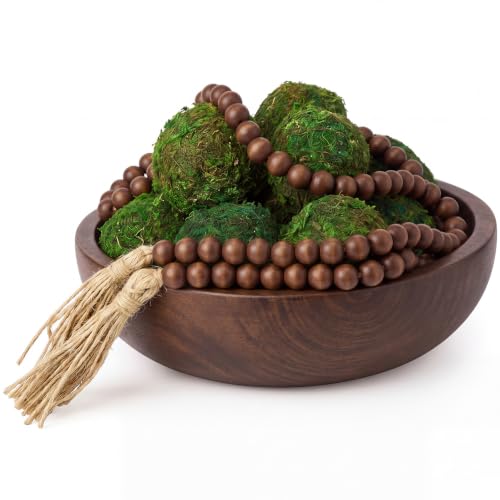 SiliFine 14 Pcs Rustic Table Decor Set, Wooden Bowl with Moss Balls, Brown - color: Brown