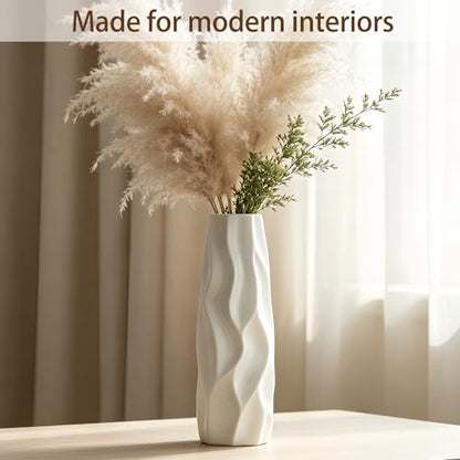 White Ceramic Flower Vase, 12 Inch, Pleated Wave Design