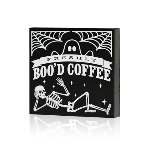 Smile Halloween Wood Box Sign, Skull Faux Books, Boo Coffee Table Decor for Desk Shelf Bar Kitchen 5 x 5 x 0.7Inches