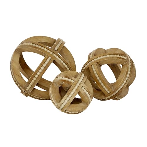 Deco 79 Wood Geometric Handmade Decorative Sculpture Beaded Home Decor Statues, Set of 3 Accent Figurines 7", 6", 4"H, Light Brown - color: Light Brown, size: 3 PIECES - 7", 6", 4"H