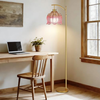 QIYIZM Pink Floor Lamp for Living Room,Bedroom,Gold Dimmable Standing Lamp with Remote,Mid Century Modern Brass Tall Lamp Boho Floor Lamps Arc Stained Glass Flower Floor Light Lamp Girls kids Bohemian - size: Floor Lamp--11