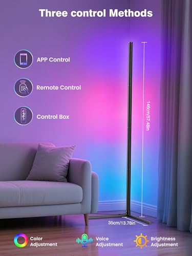 RIYO LED Corner Floor Lamp App Remote Control Music Sync Ambient Lamp - size: 51 inches - AC