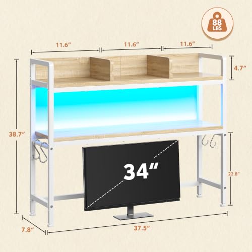 REIBII 2-Tier Desk Shelf with LED for Bedroom and Home Office, White - color: White, size: 7.8"D x 37.5"W x 38.7"H