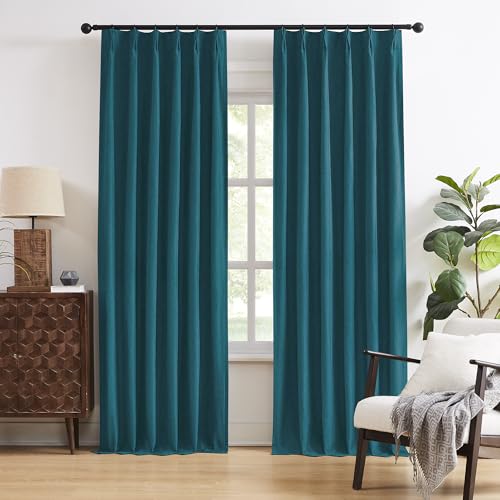 DUALIFE Dark Teal Blue Pinch Pleated Blackout Curtains 63 Inches Long, Back Tab with Hooks, Linen Full Black Out Thermal Insulated Track Curtain for Bedroom Living Room,40 Wx63 L, 2 Panels - color: Teal, size: 40"W x 63"L (Pack of 2)