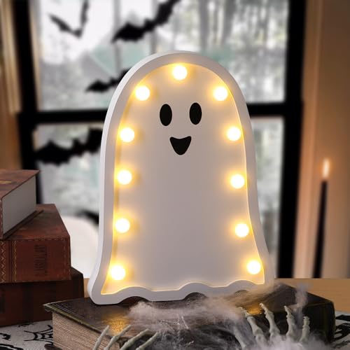 Halloween Decorations-Light Up Wooden Ghost-Handmade Ghost with Light | Halloween Decor Home Kitchen Mantel Tabletop Windowsill - color: White