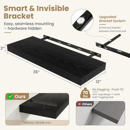 36 Inch Long Floating Shelves for Wall Set of 1, 12"D Wood Grain Shelves - color: Black, size: 36"Wx12"Dx2"H, 1P