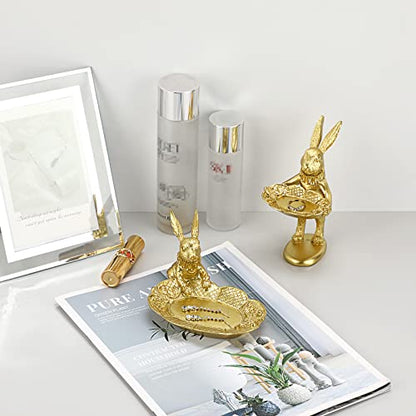 ELLDOO Golden Easter Bunny Figurine, Jewelry Ring Tray Trinket Holder Decorative Serving Tray Small Rabbit Statue Cute Ornament, Animal Sculpture Collectible Figurine Home Decor - style: Seated Rabbit