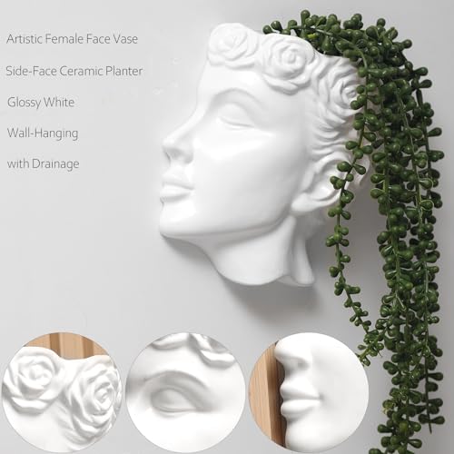 Side-Face Ceramic Planter – Glossy White, Wall-Hanging, with Drainage – 6.7"" Artistic Female Face Vase - color: White Face Planters