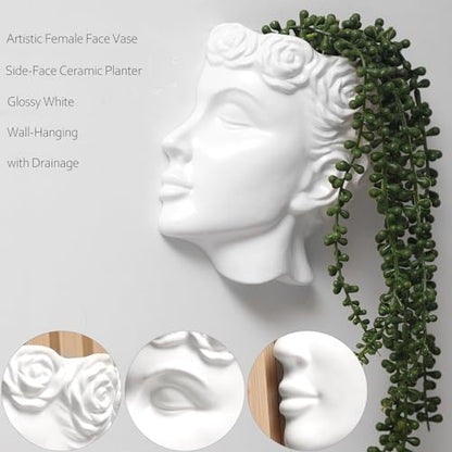 Side-Face Ceramic Planter – Glossy White, Wall-Hanging, with Drainage – 6.7"" Artistic Female Face Vase - color: White Face Planters