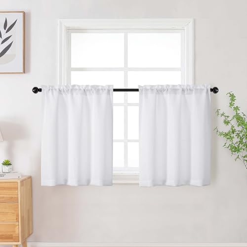 White Curtains Tier 24 Inch Length 2 Panels Set, Faux Linen Textured Light Filtering Short Cafe Curtains Drapes for Bathroom Basement Half Window, Rod Pocket Design, White, Each 30Wx24L Inch - color: White, size: 30"W x 24"L (Pack of 2)