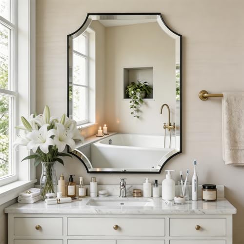 POZINO 36"x24" Premium Rectangle Beveled Mirror for Bathroom Sink - color: Black Scalloped, size: 36"L x 24"W