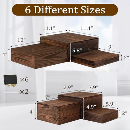 6-Pack Wood Risers Display Stands, Multi-Height Food Risers for Buffet Table, Rustic Wooden Cake & Cupcake Stands for Party, Birthday, Wedding, Halloween Decor