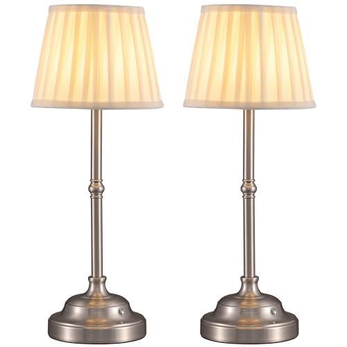 KDG Nickel Cordless LED Table Lamps Set of 2, Beige Fabric Shade Desk Lamps - color: Nickel + Beige Lampshade (2 Pack)