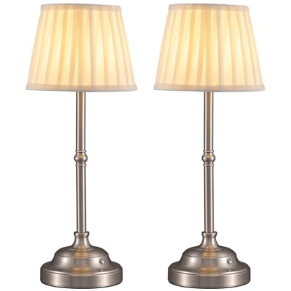 KDG Nickel Cordless LED Table Lamps Set of 2, Beige Fabric Shade Desk Lamps - color: Nickel + Beige Lampshade (2 Pack)