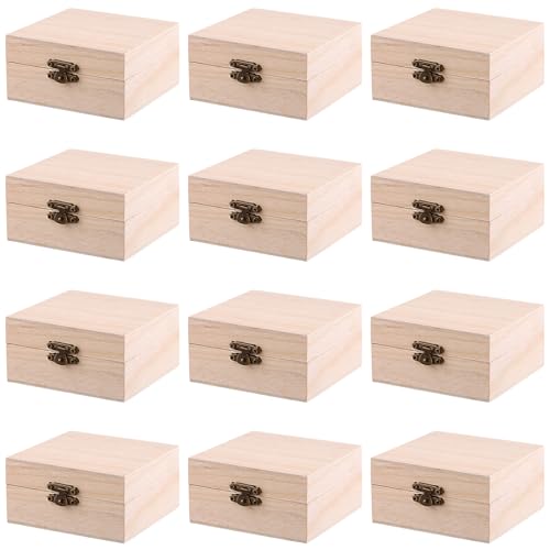 FUNSUEI 12 PCS 3.94 x 3.94 x 1.97 Inch Unfinished Wooden Jewelry Box, Small Unfinished Wood Box, Natural Small Wooden Boxes for Crafts, Wood Box with Hinged Lid for DIY, Storage, Gift - color: Wood Color, size: 12PCS 3.94x 3.94x1.97 In