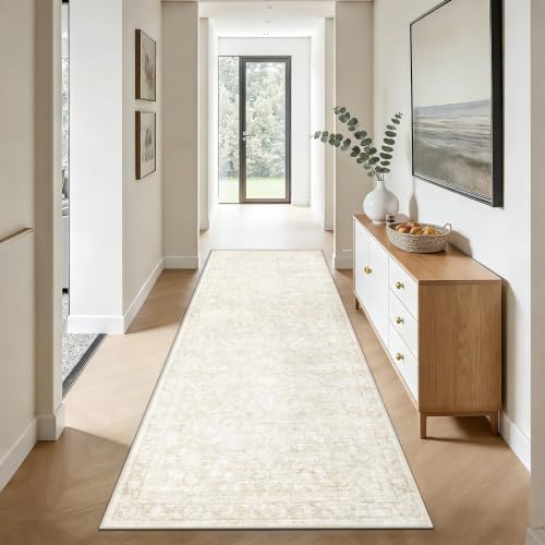 2x8 Hallway Runner Rug: Washable Vintage Floral Entryway Rugs Low Pile Non-Slip Boho Carpet for Kitchen, Bedroom, Bathroom, Dining Room (Beige, 2'x8') - color: Beige, size: 2' x 8' (Rectangular)