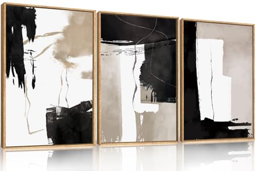 Celestdeco Abstract Black White Brown Framed Canvas Wall Art Set-16"x24"x3 - color: Black and Brown Wall Art, size: 16"L x 24"W