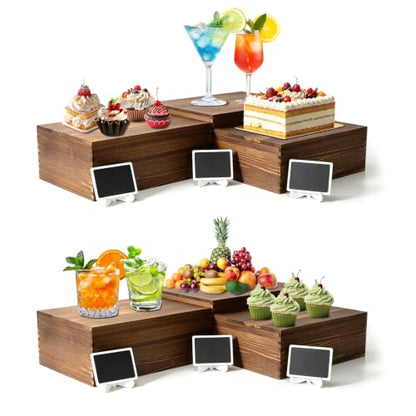 6 Pack Buffet Risers and Stands, Dessert Table Display Set with Mini Signs - color: Brown, size: 6 Pcs A