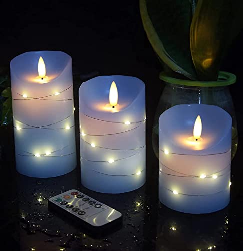 danip Sky Blue LED Flameless Candle with Embedded Starlight String, 3 LED Candles, 11 Key Remote Control, 24 Hour Timer Function, Dancing Flame, True Wax, Battery Powered. (Sky Blue) - color: BlueA#1*3