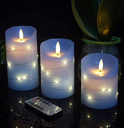 danip Sky Blue LED Flameless Candle with Embedded Starlight String, 3 LED Candles, 11 Key Remote Control, 24 Hour Timer Function, Dancing Flame, True Wax, Battery Powered. (Sky Blue) - color: BlueA#1*3
